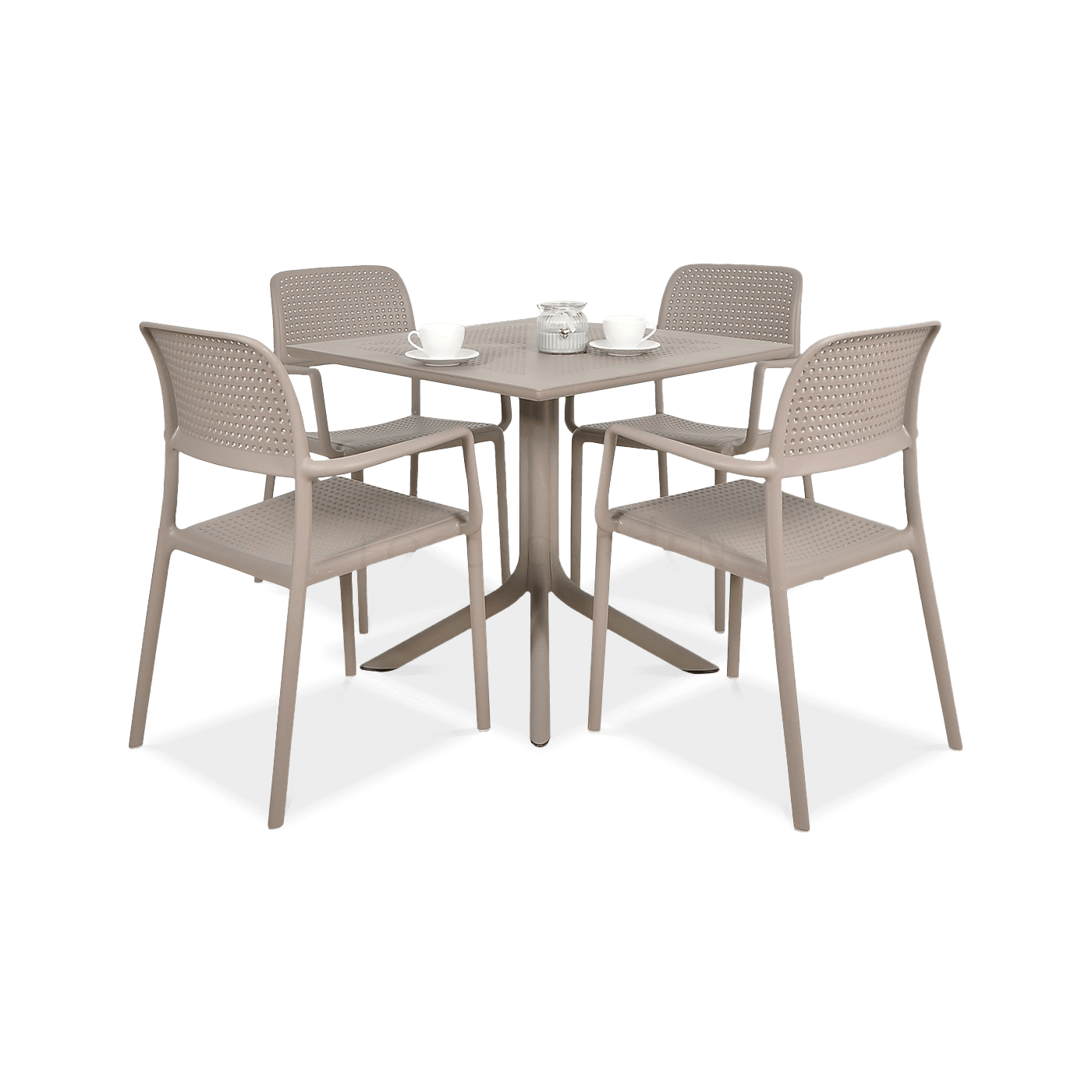 brązowy zestaw mebli ogrodowych z czterema krzesłami i kwadratowym stołem