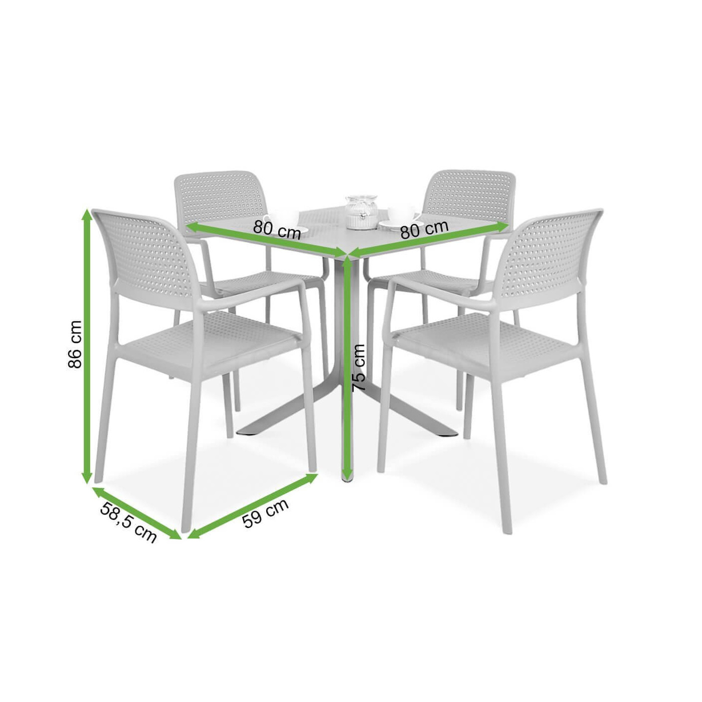 Wymiary zestawu meblowego Nardi Bora Clip 4 krzesła i stolik w odcieniu Tortora 