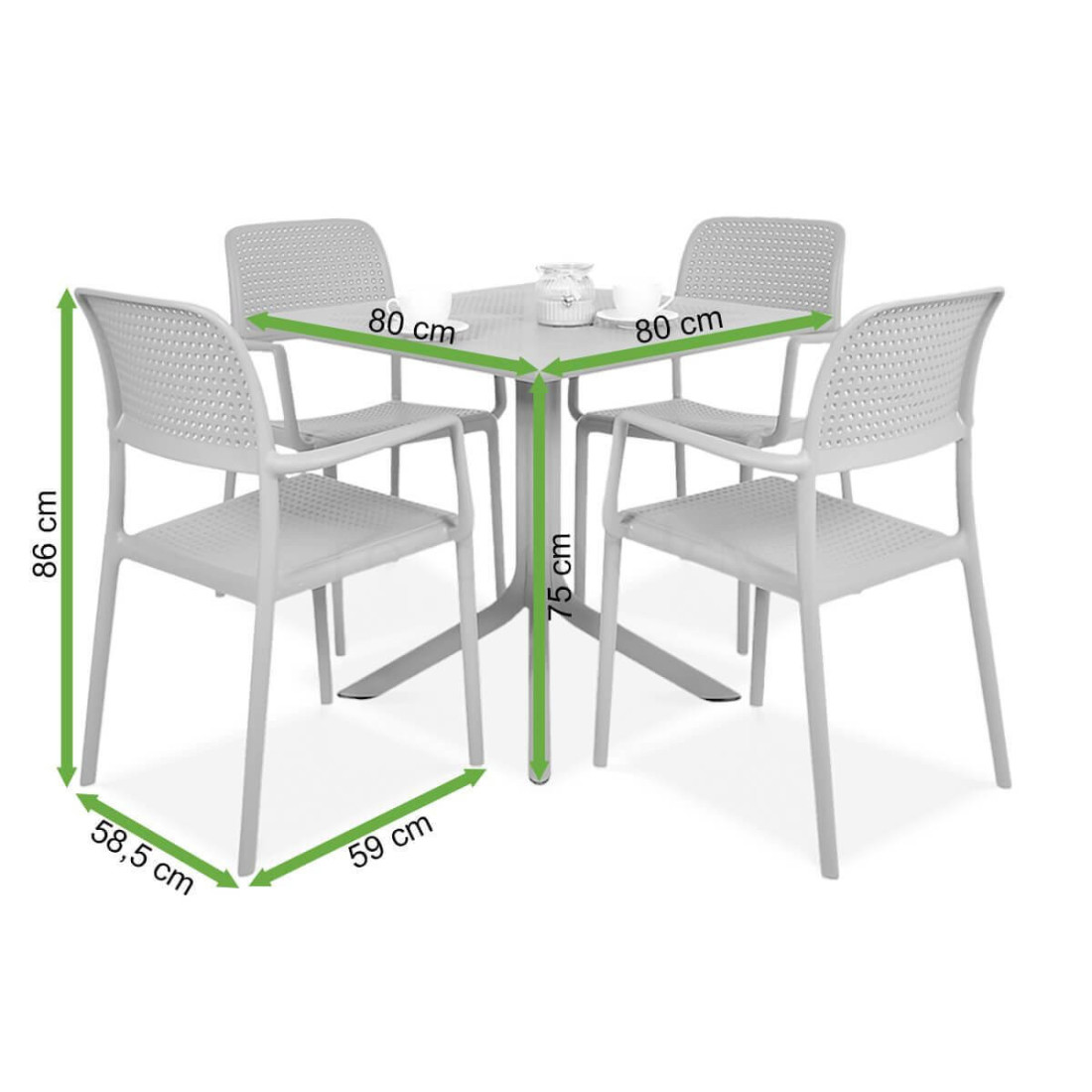 Wymiary zestawu meblowego Nardi Bora Clip 4 krzesła i stolik w odcieniu Tortora 