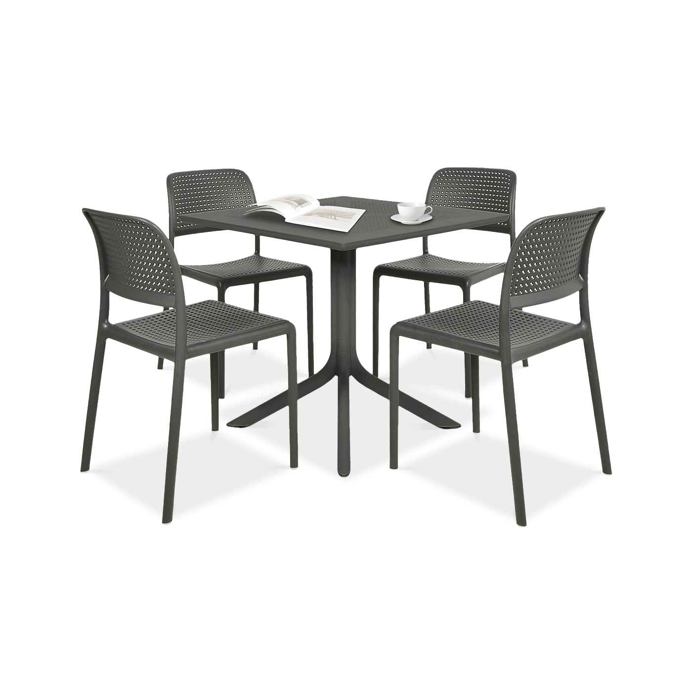 zestaw mebli ogrodowych, cztery krzesła oraz stół w kolorze czarnym