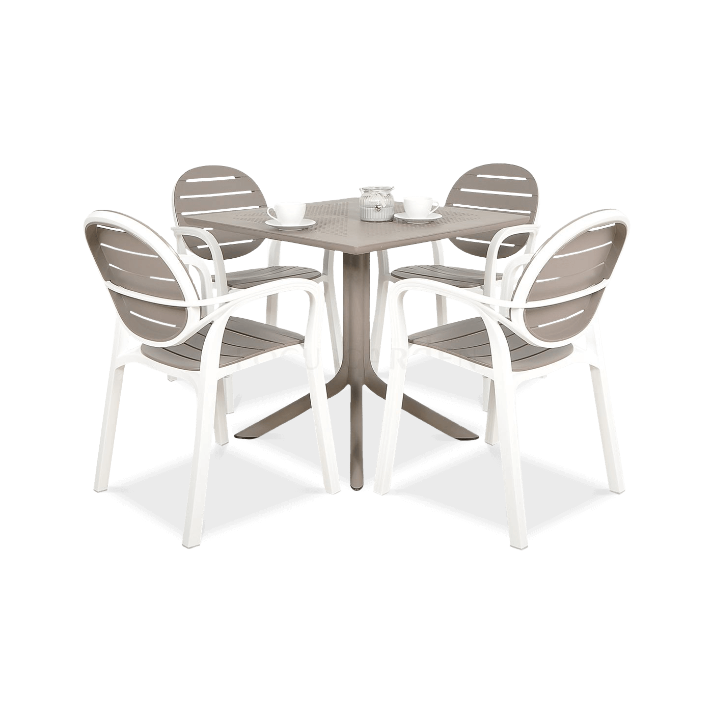 zestaw czterech krzeseł ogrodowych wraz z kwadratowym stołem w kolorze brązowym