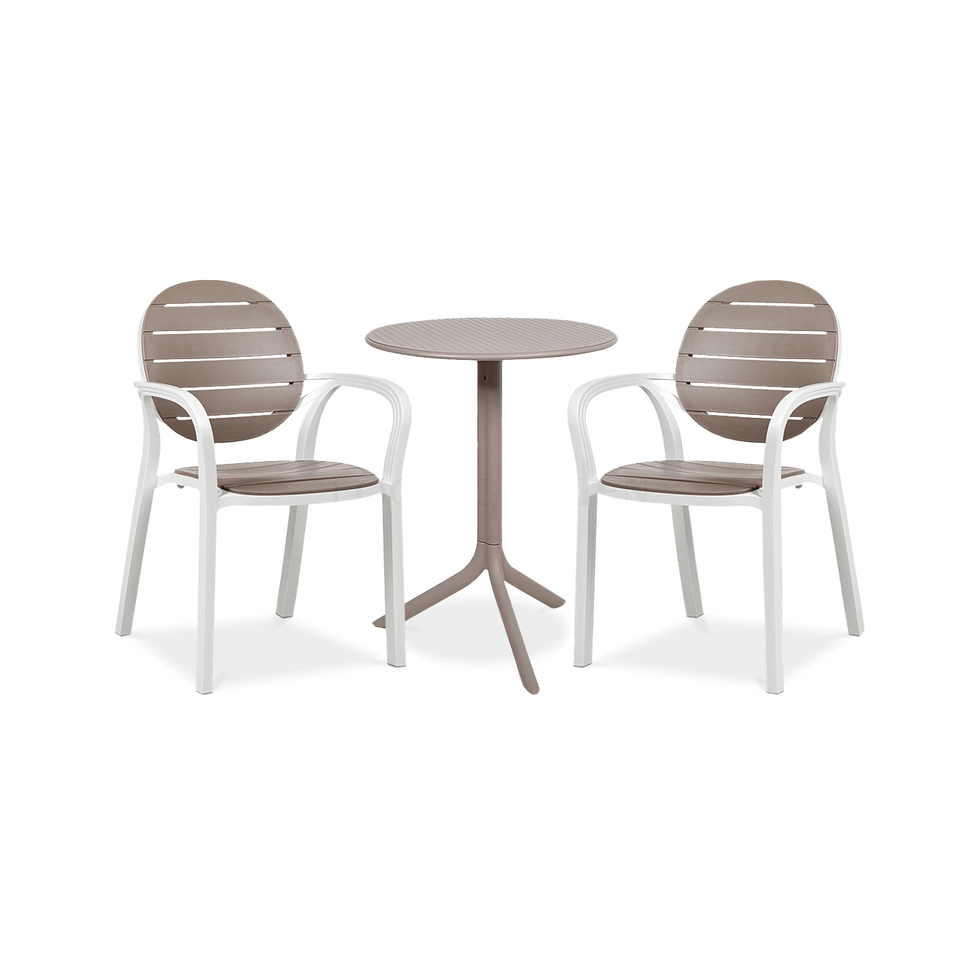 zestaw balkonowych, dwóch krzeseł i stolika w kolorze biało brązowym