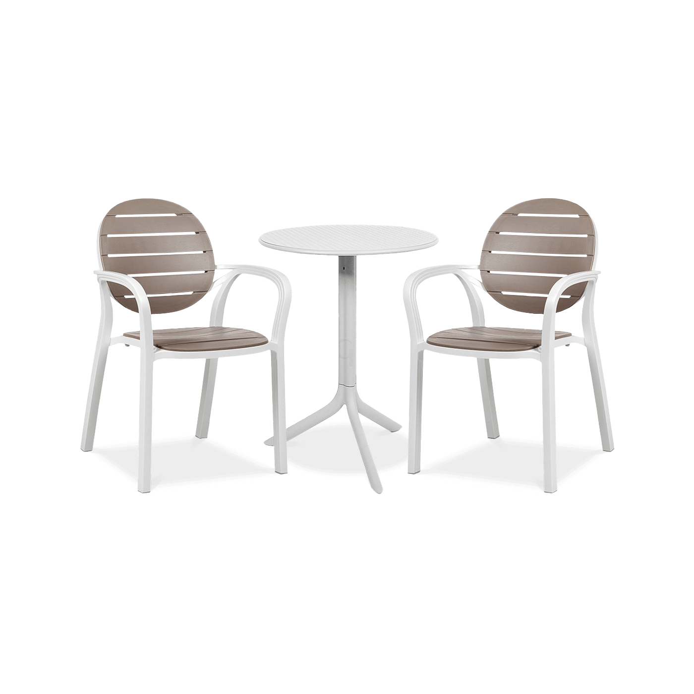 białe meble na balkon w zestawie z dwoma krzesłami i białym stołem