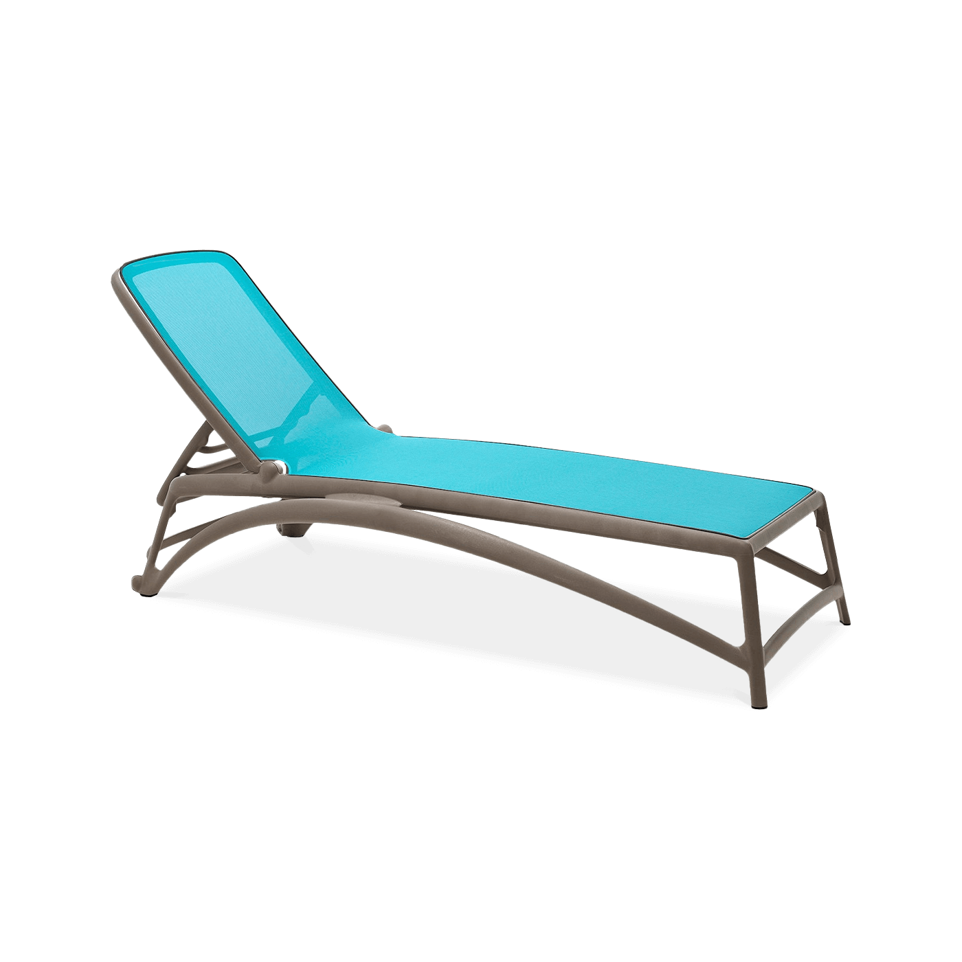 brązowy leżak z niebieskim siedziskiem i regulowanym oparciem 
