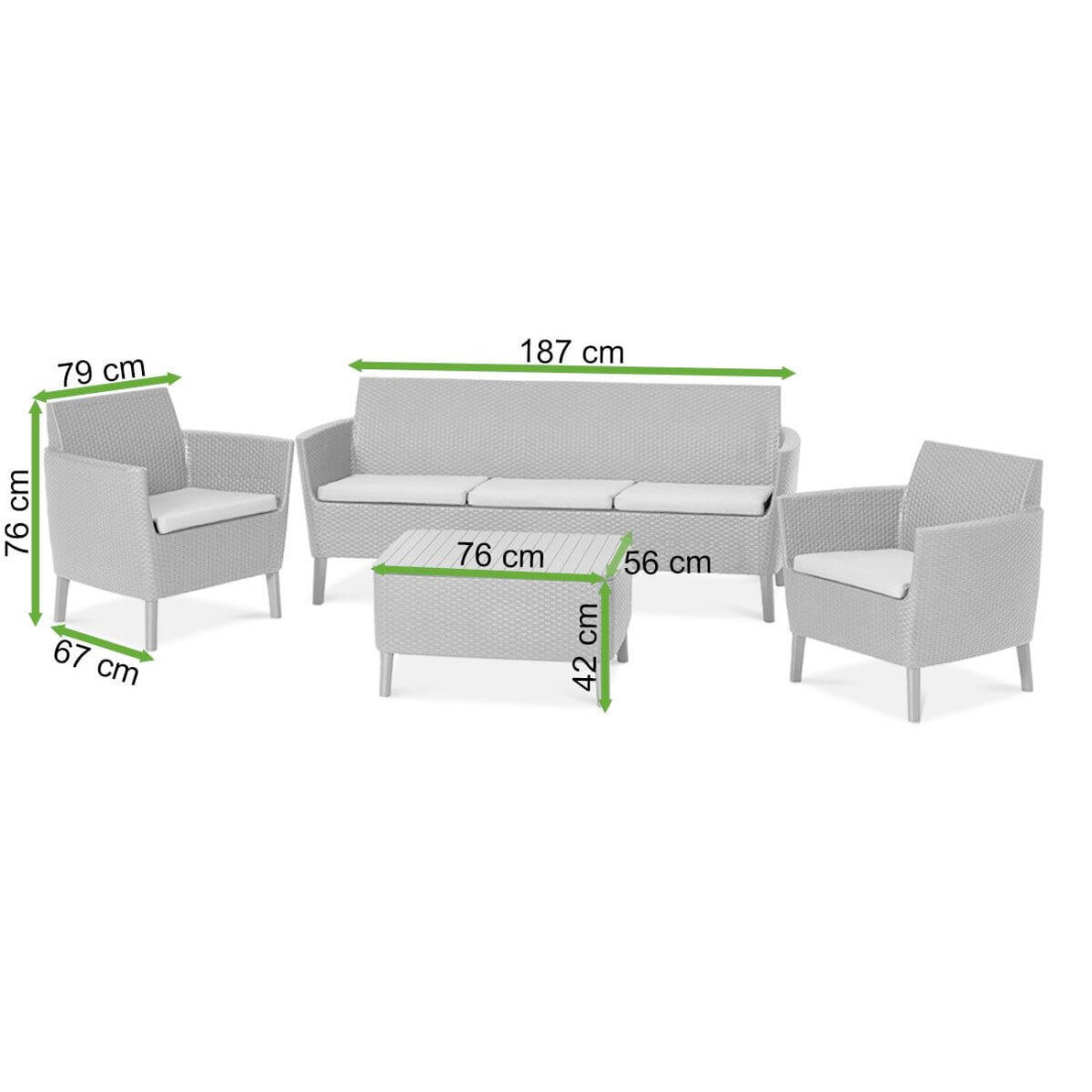 Rzut z wymiarami mebli ogrodowych zestawu Salemo 3+1