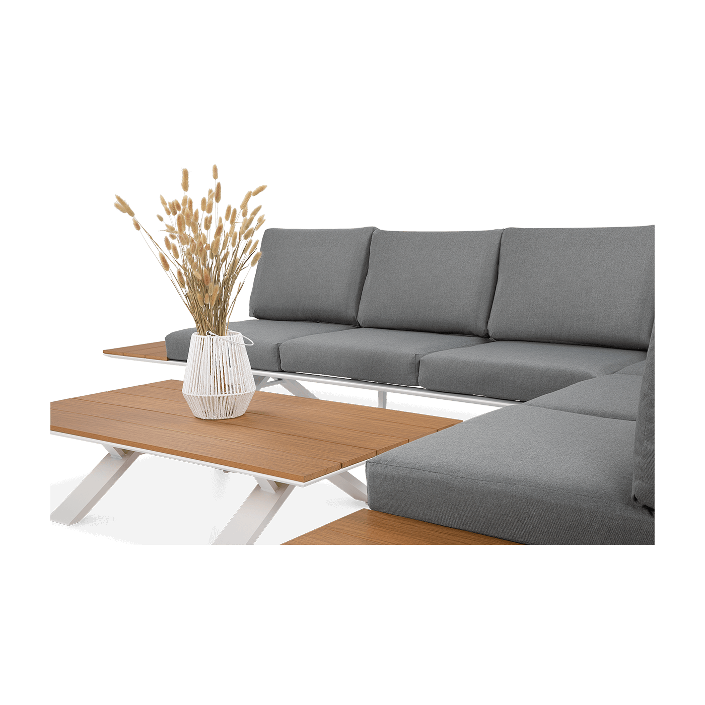 Zbliżenie na stół i narożnik SORRENTO WOOD White