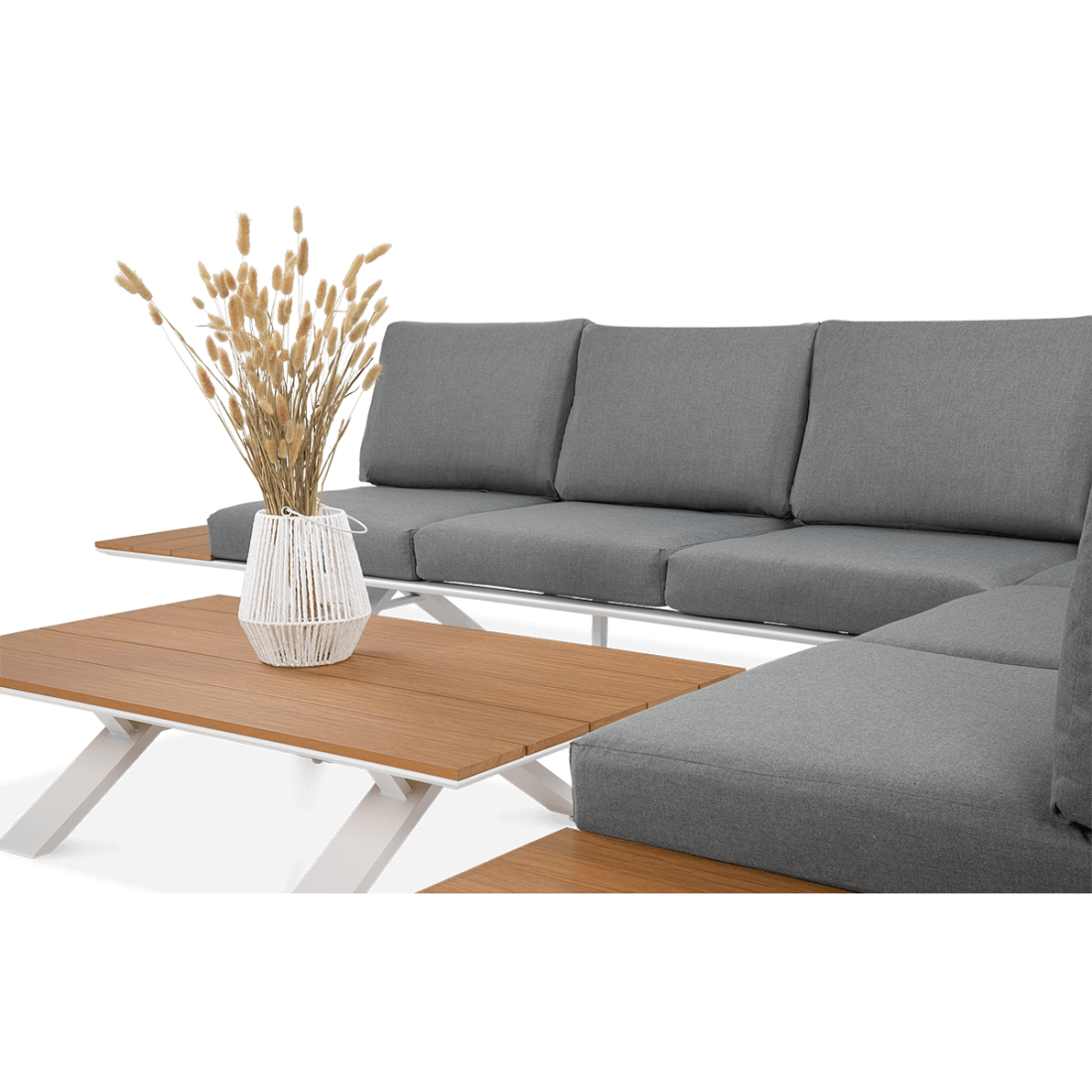 Zbliżenie na stół i narożnik SORRENTO WOOD White