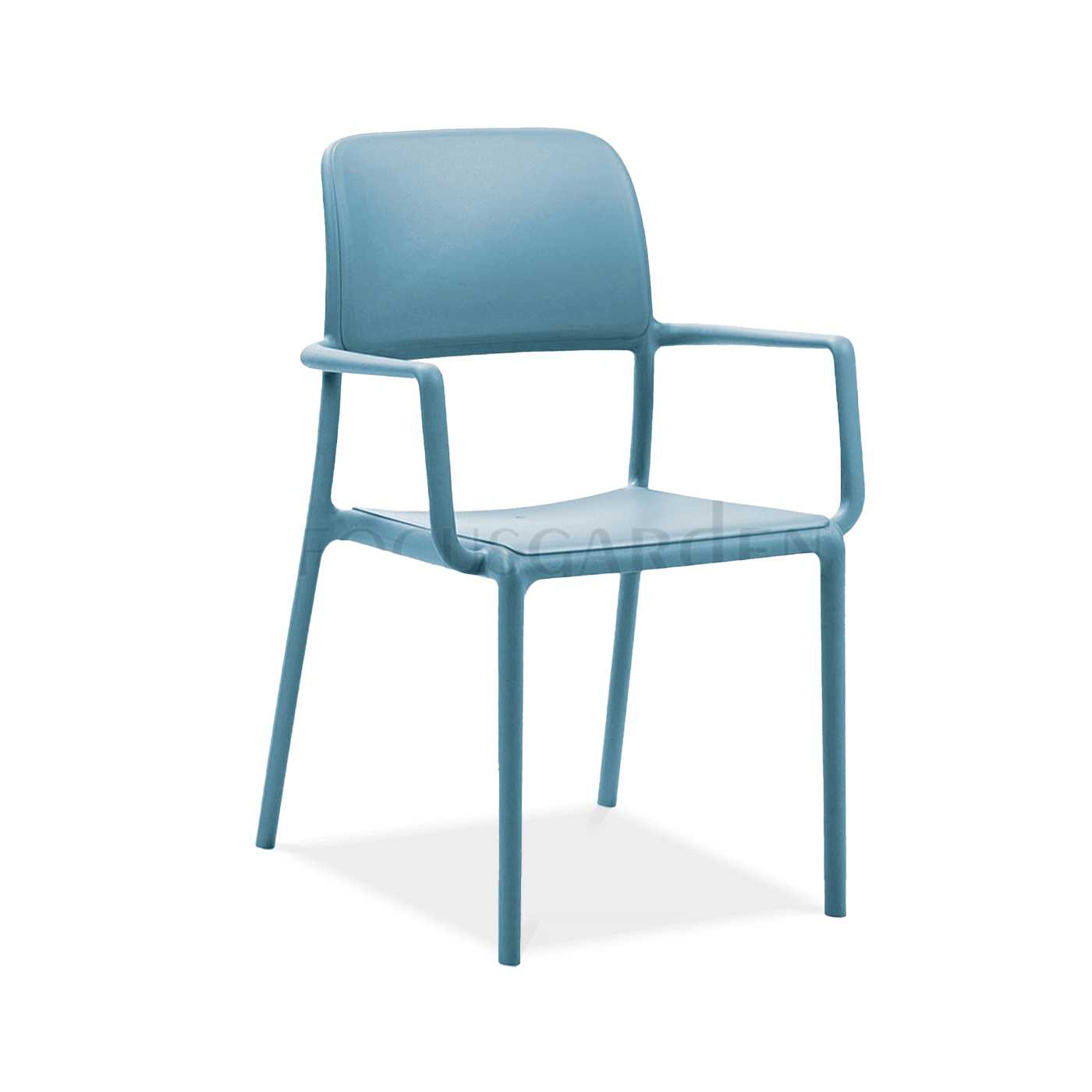 niebieskie krzesło ogrodowe z oparciem i podłokietnikami