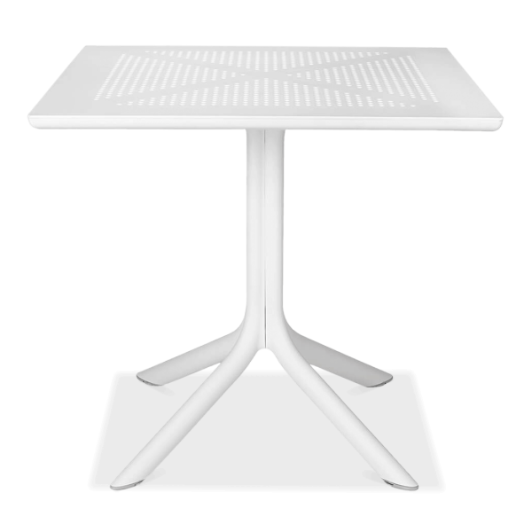 biały stolik ogrodowy na jednej nóżce