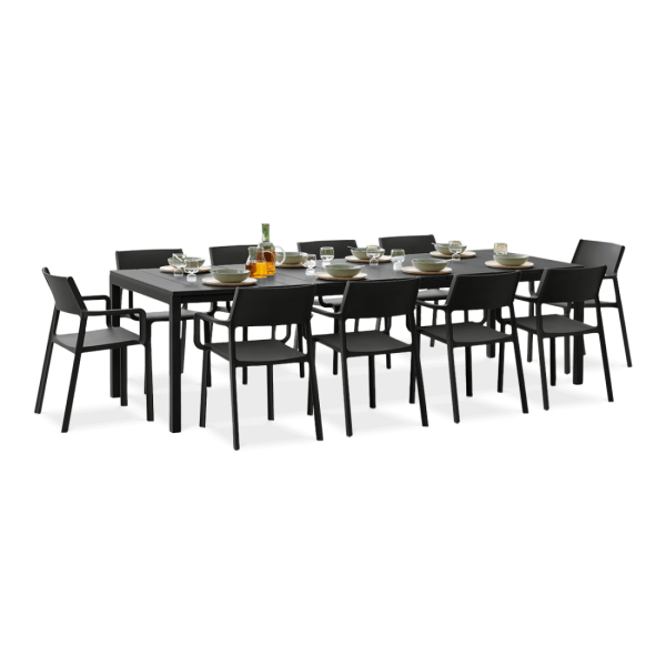 zestaw mebli jadalnianych na taras z dziesięcioma krzesłami i długim stole w kolorze czarnym