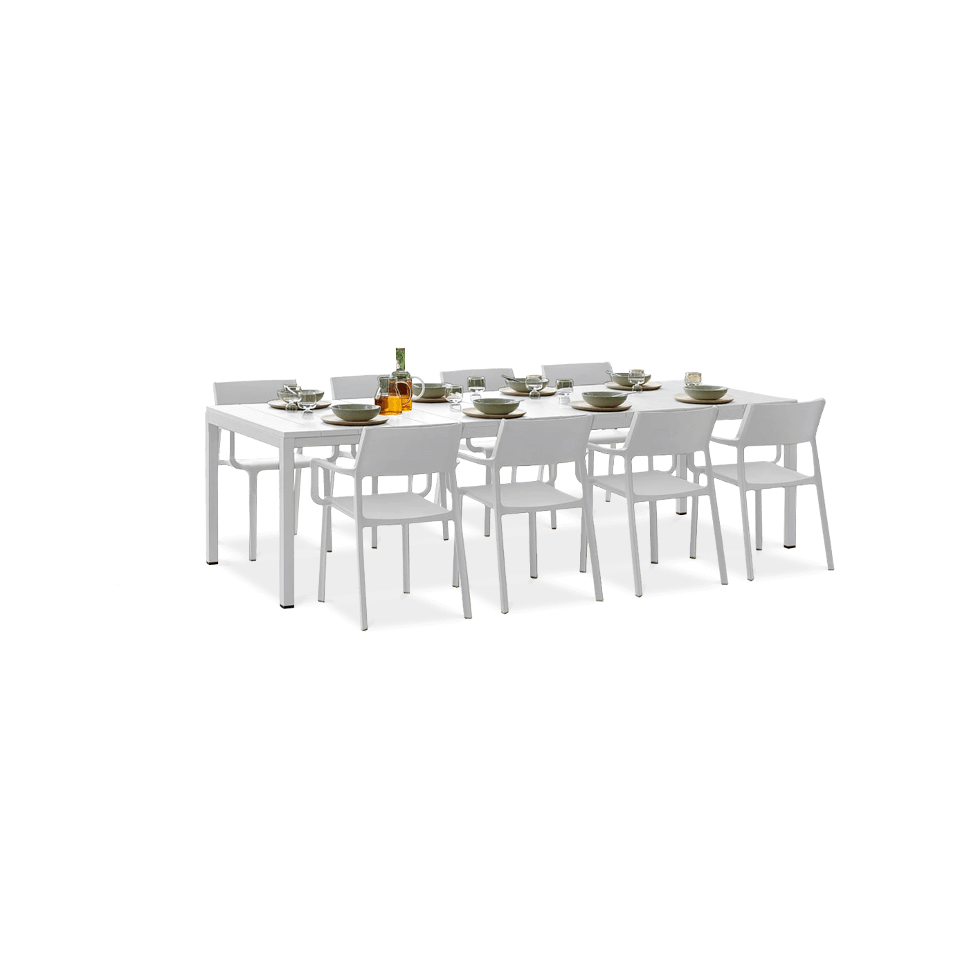 zestaw białych mebli jadalnianych do ogrodu z krzesłami i stołem