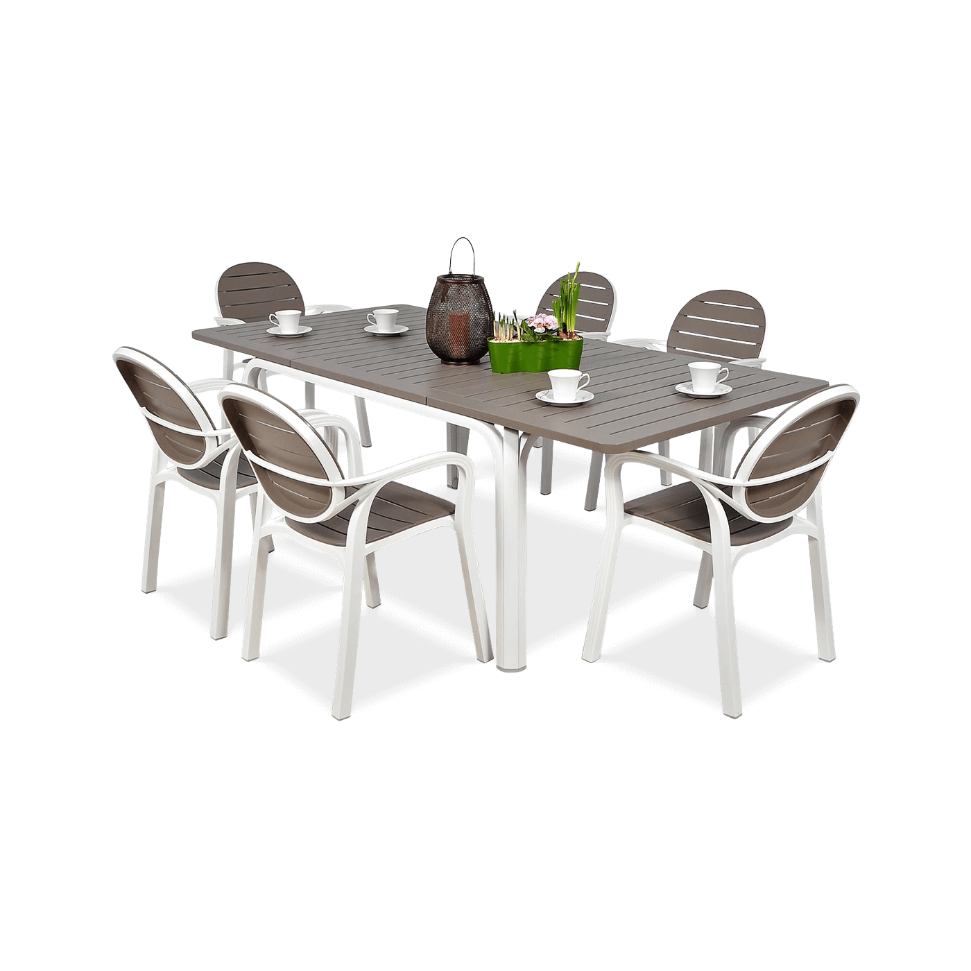 zestaw białych i brązowych mebli jadalnianych na taras 