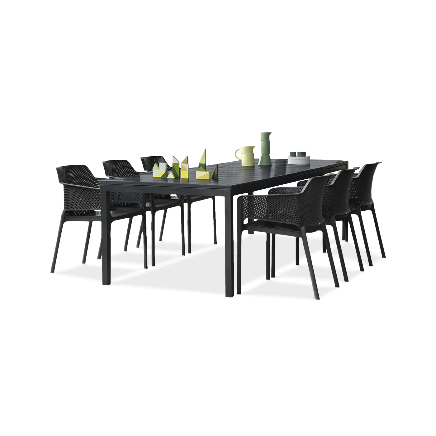 czarny zestaw jadalniany z długim stołem i krzesłami przeznaczony na taras