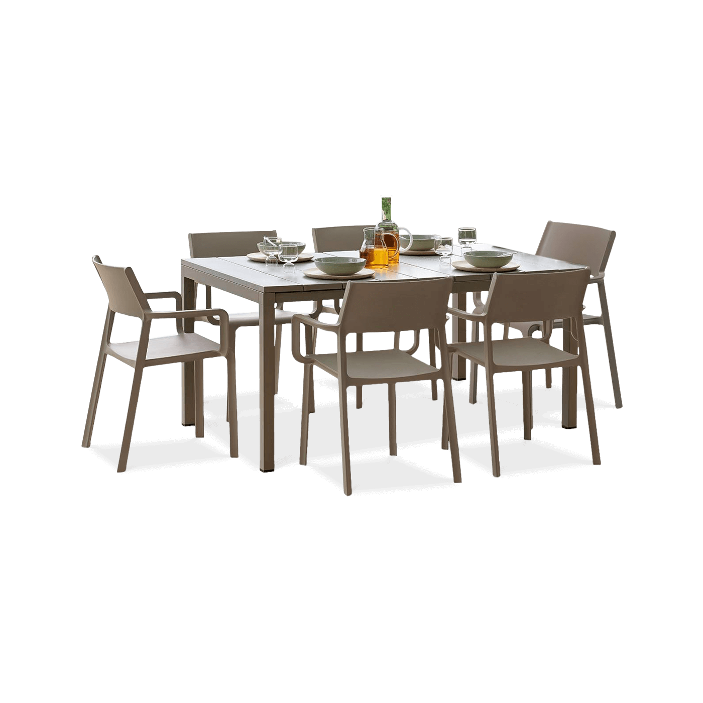 zestaw brązowych mebli jadalnianych, krzeseł oraz stołu