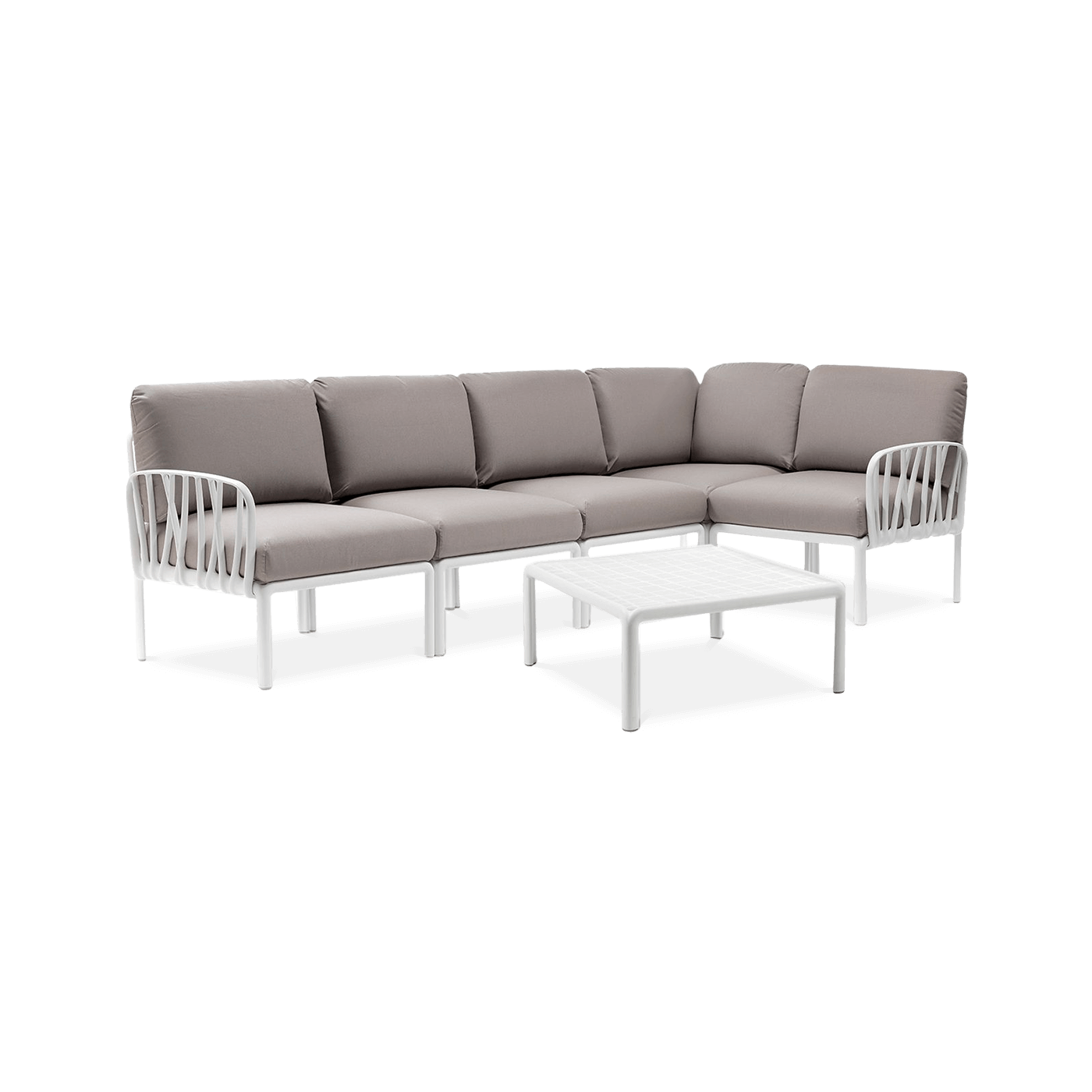 biały modułowy narożnik ogrodowy z poduchami i stołem w zestawie