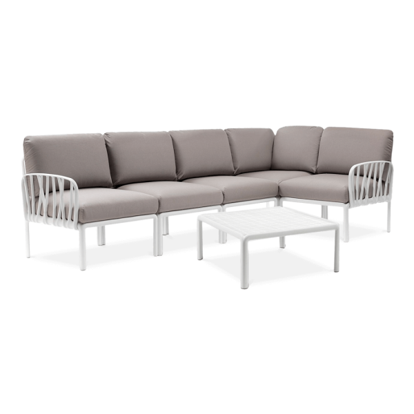biały modułowy narożnik ogrodowy z poduchami i stołem w zestawie