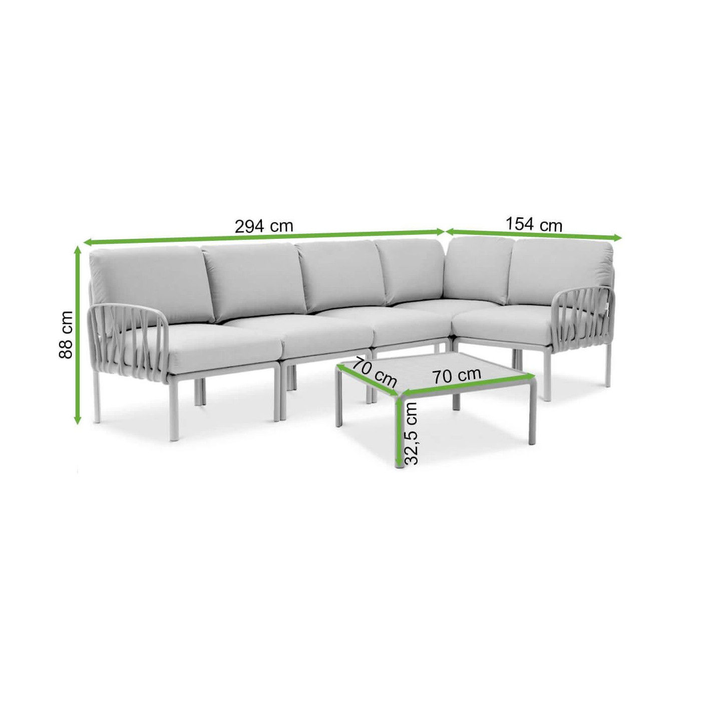 Wymiary zestawu z narożnikiem Nardi Komodo ze stolikiem Bianco Grigio 