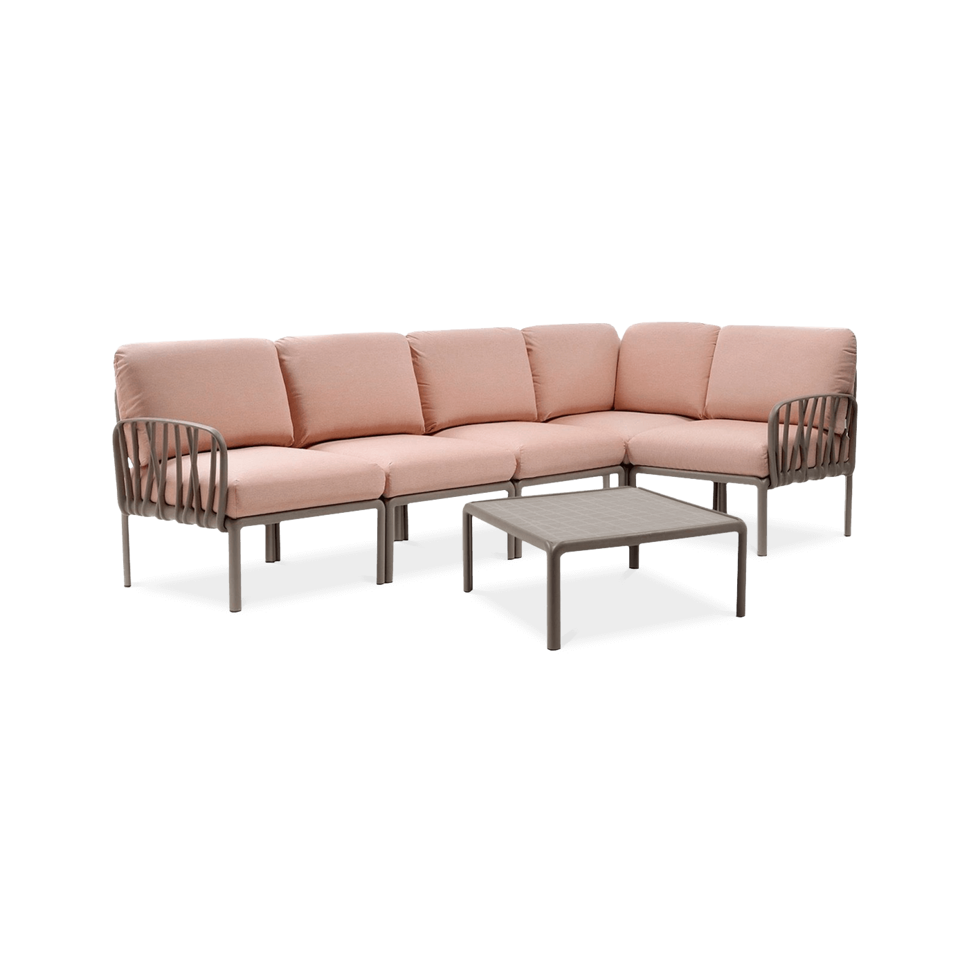 modułowy narożnik w kolorze brązowym w zestawie ze stolikiem i różowymi poduchami