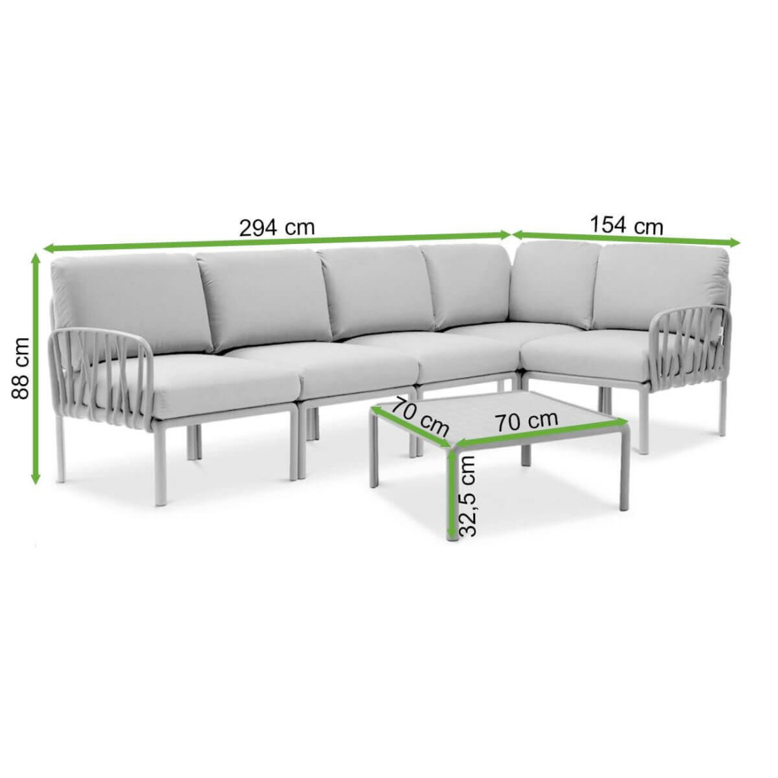Wymiary zestawu ogrodowego z narożnikiem Nardi Komodo i ze stolikiem Tortora Rosa Quarzo