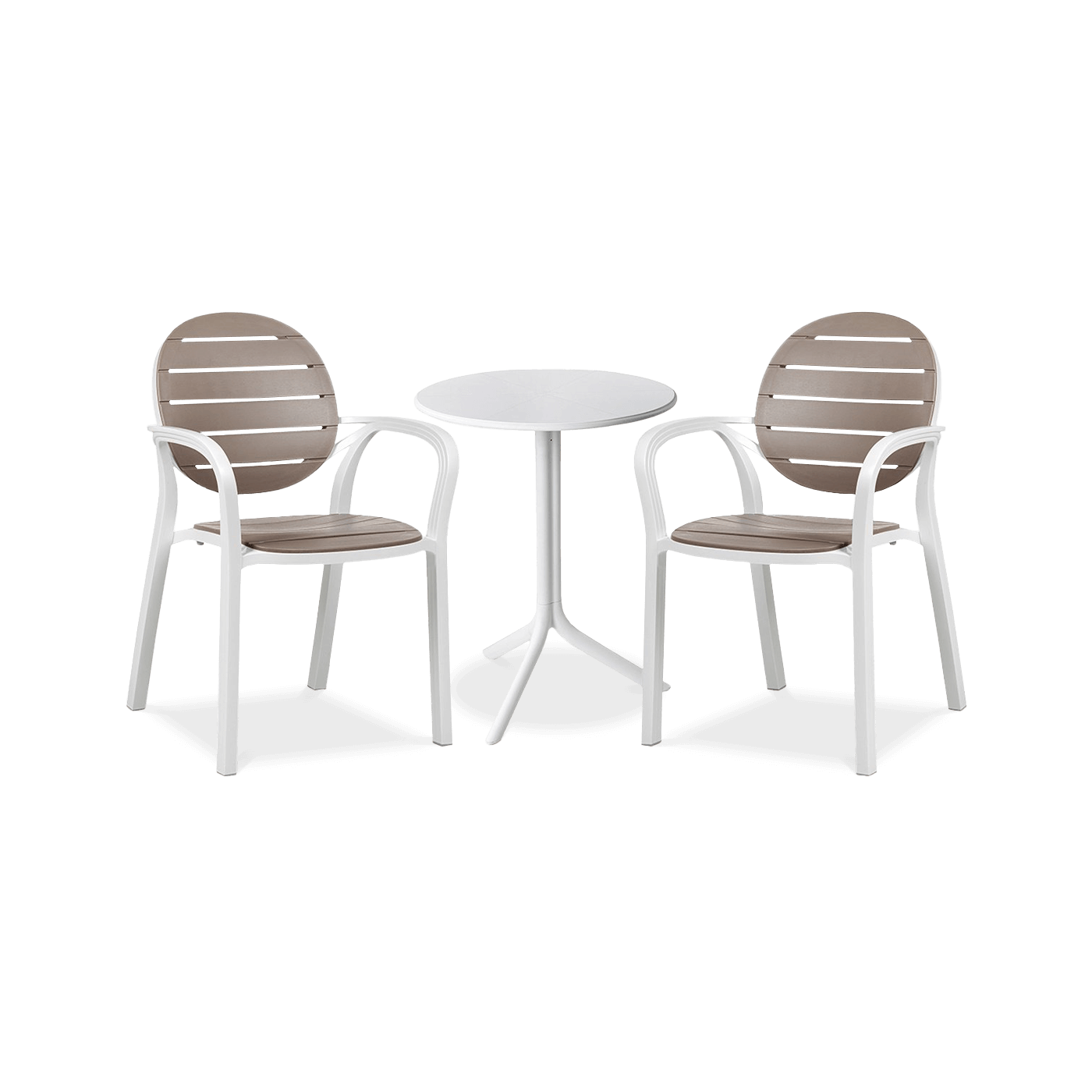 zestaw dwóch krzeseł i stolika na balkon w kolorze białym i brązowym