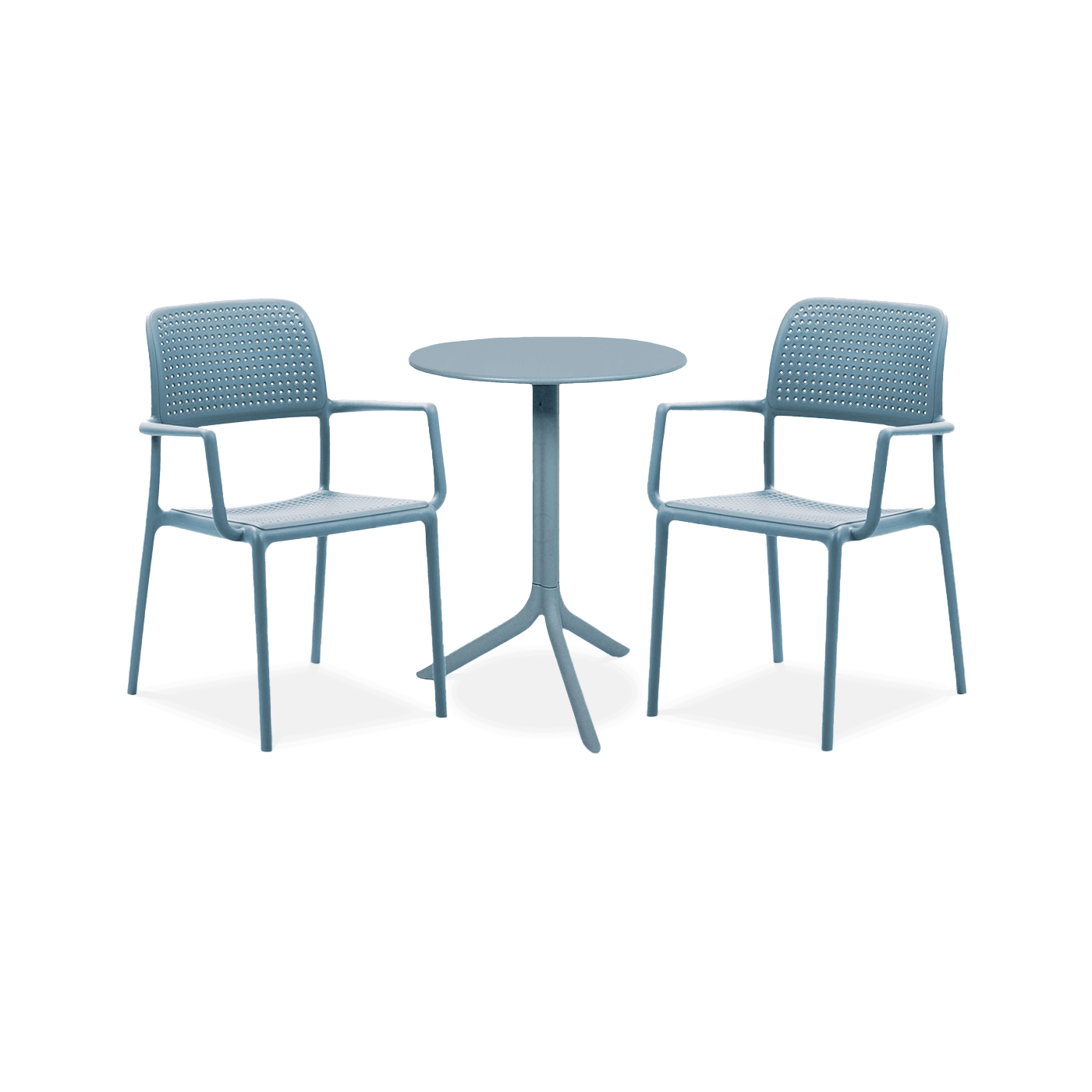 zestaw restauracyjny jadalniany na taras w kolorze niebieskim z dwoma krzesłami i stolikiem