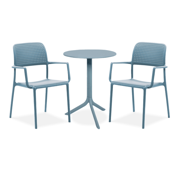 zestaw restauracyjny jadalniany na taras w kolorze niebieskim z dwoma krzesłami i stolikiem