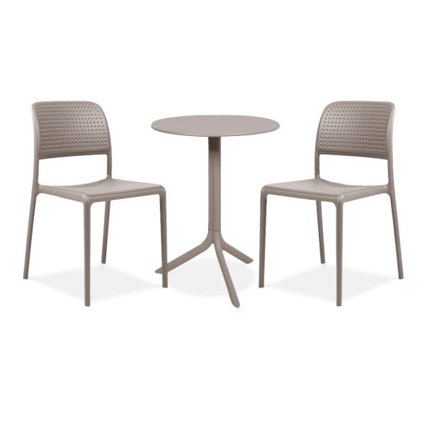 zestaw jadalniany brązowy na balkon z dwoma krzesłami i stolikiem