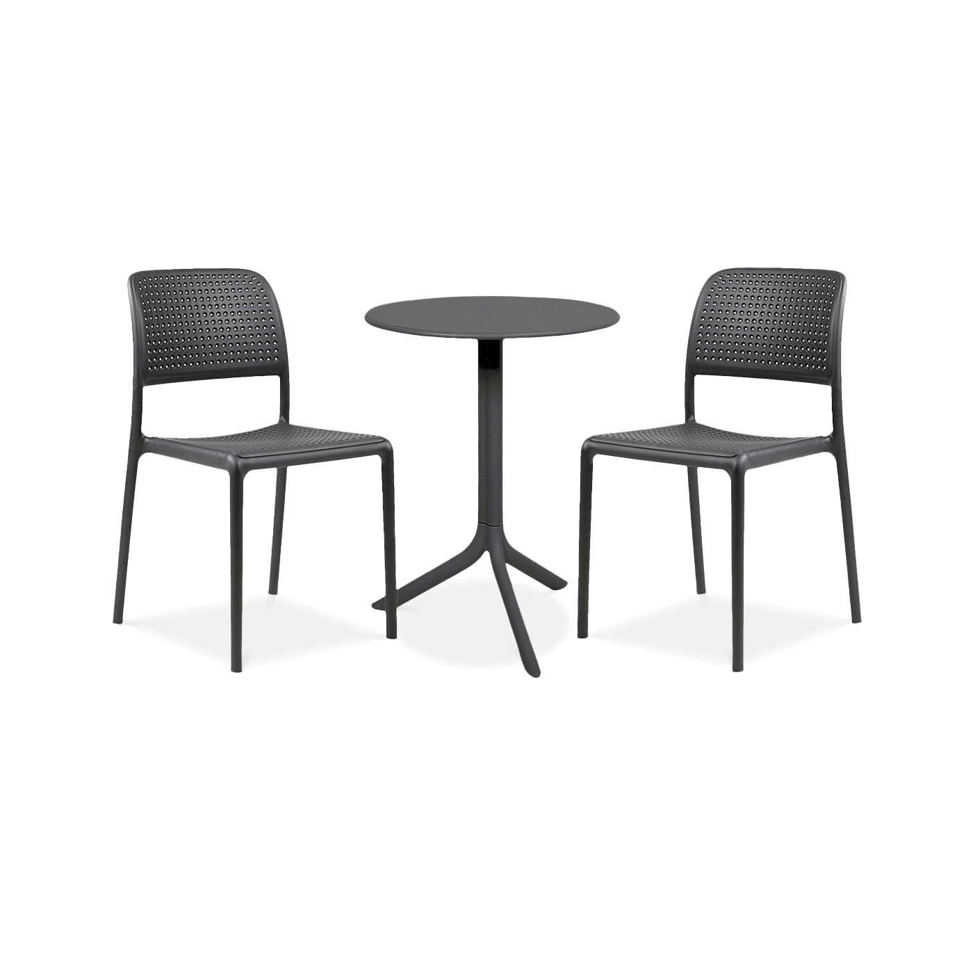 czarny zestaw balkonowy z dwoma krzesłami i stolikiem