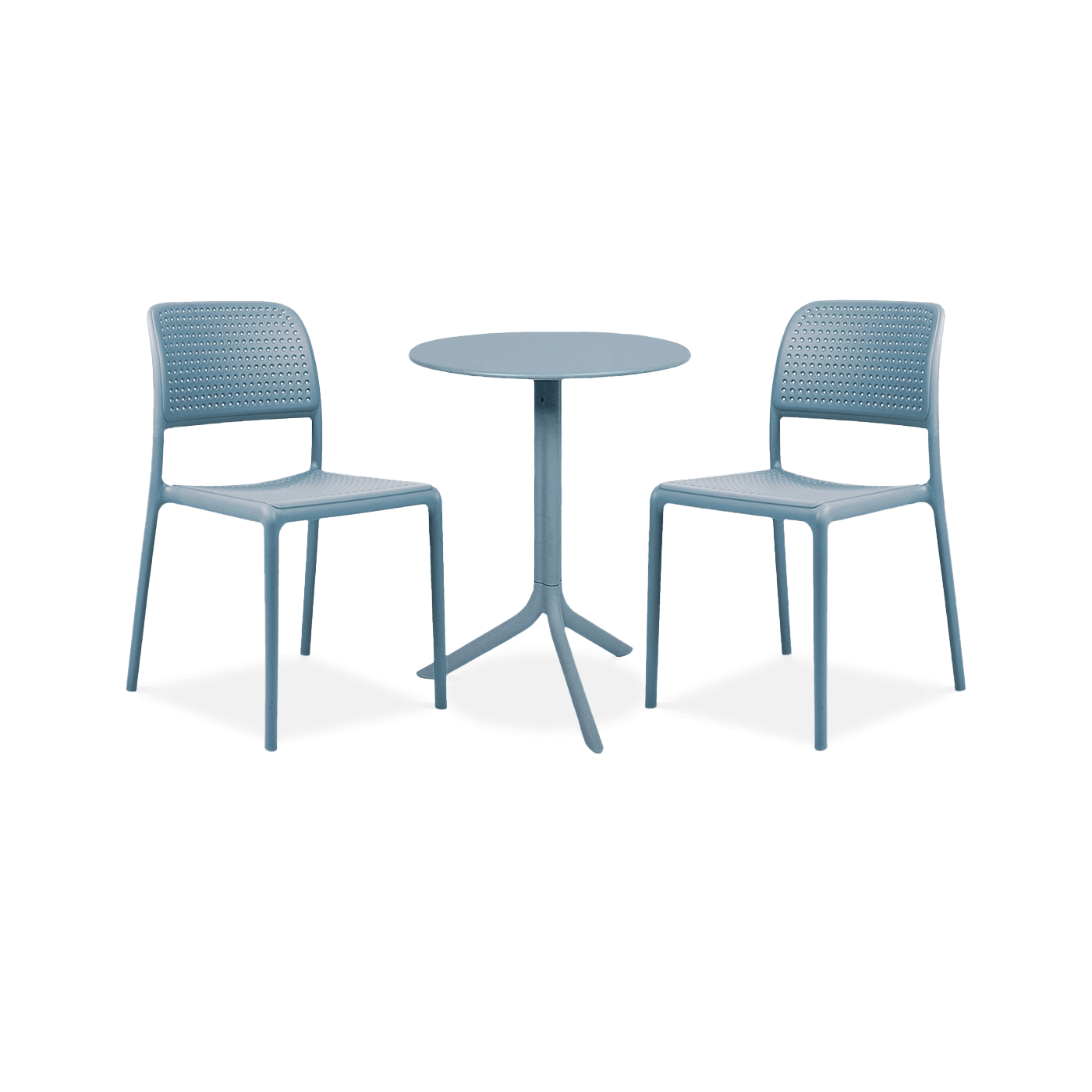 zestaw niebieskich mebli na taras ze stolikiem i krzesłami