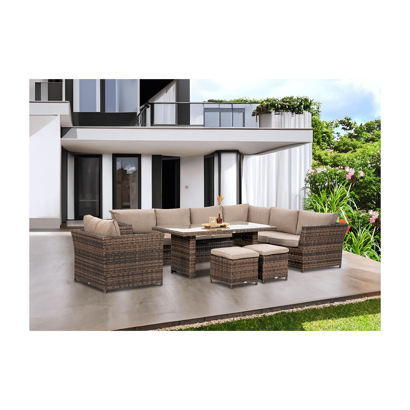 Aranżacja na tarasie zestawu ogrodowego MONIZ DINING PLUS Brown