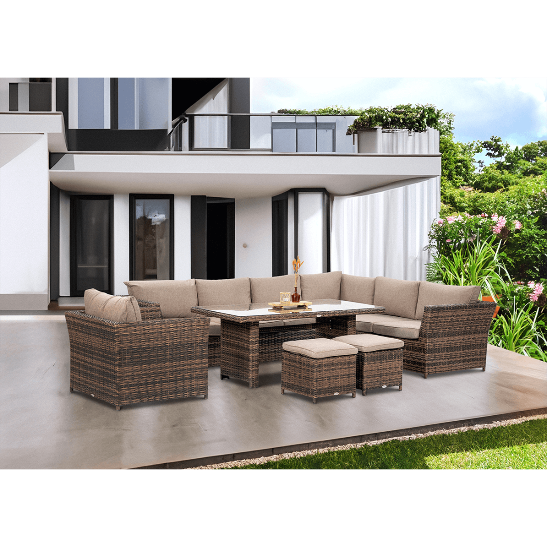 Aranżacja na tarasie zestawu ogrodowego MONIZ DINING PLUS Brown