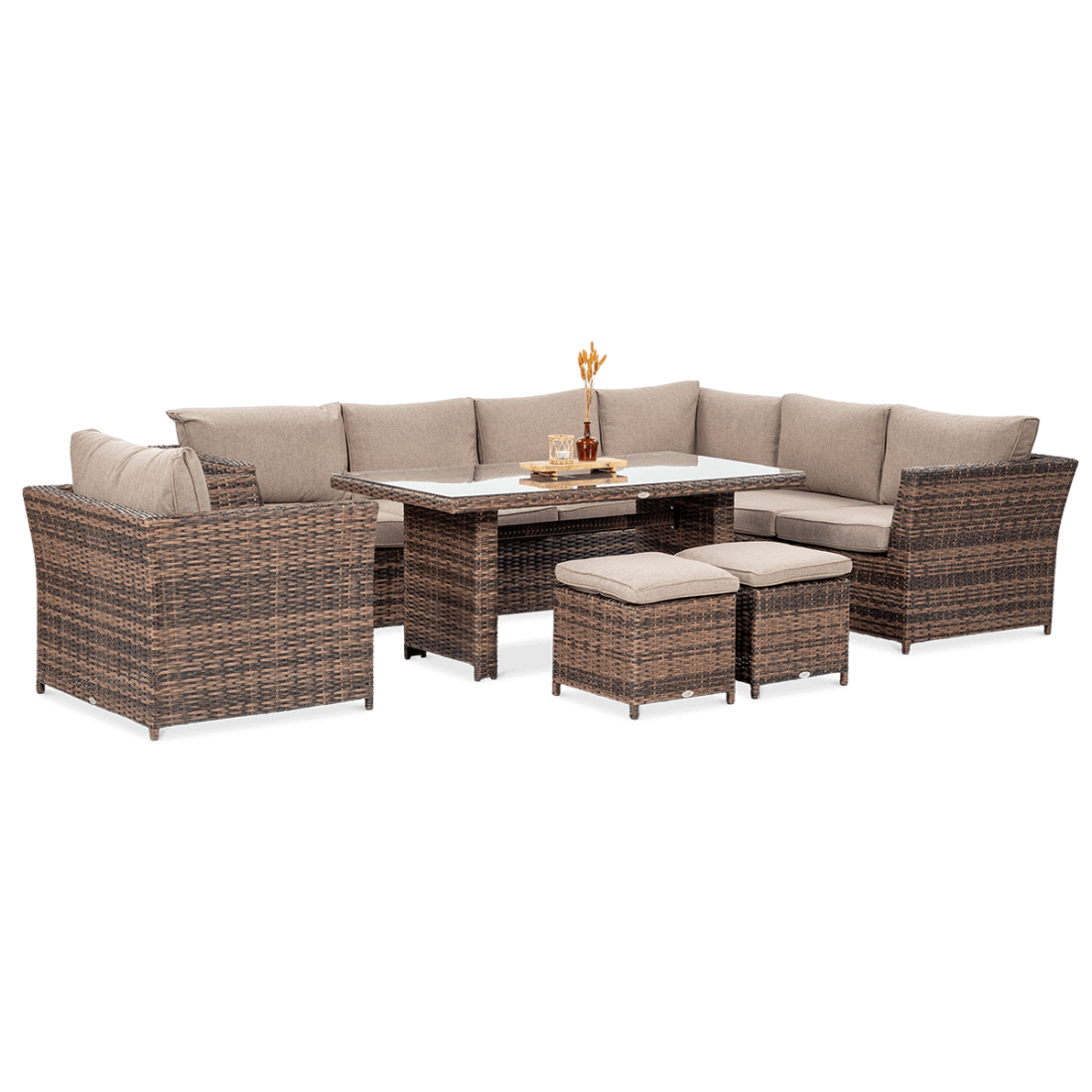 Widok na zestaw meblowy z technorattanu MONIZ DINING PLUS Brown