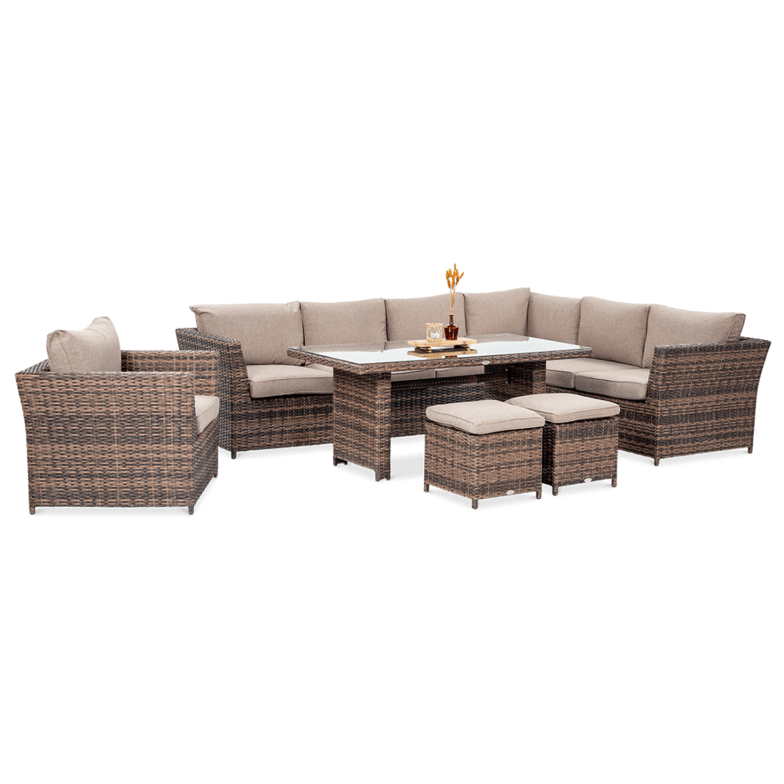 Narożnik, fotel, stół, pufy z zestawu wypoczynkowego MONIZ DINING PLUS Brown