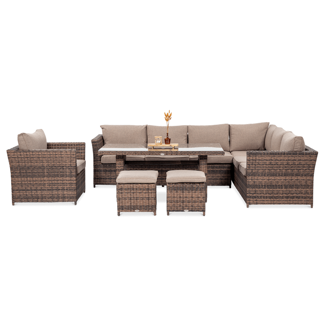 Ustawienie mebli z zestawu ogrodowego z technorattanu MONIZ DINING PLUS Brown