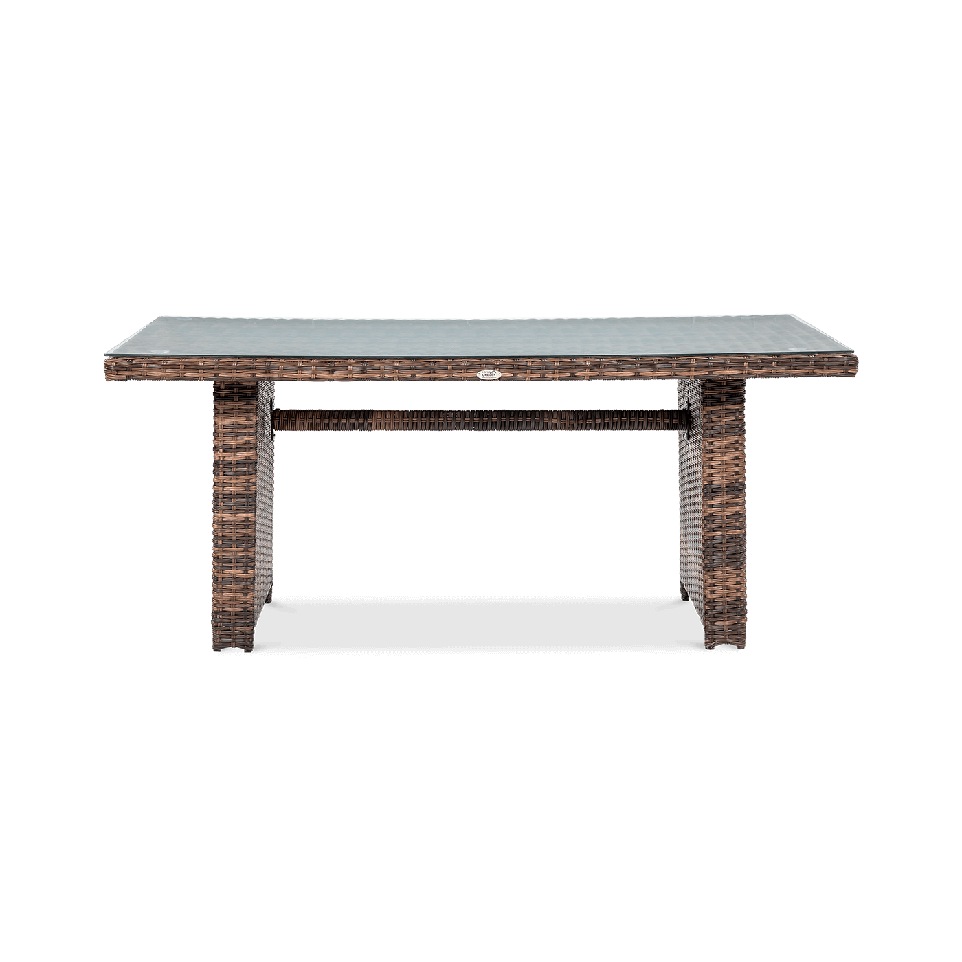 Zbliżenie na stół przykryty hartowanym szkłem zestawu technorattanowego MONIZ DINING PLUS Brown