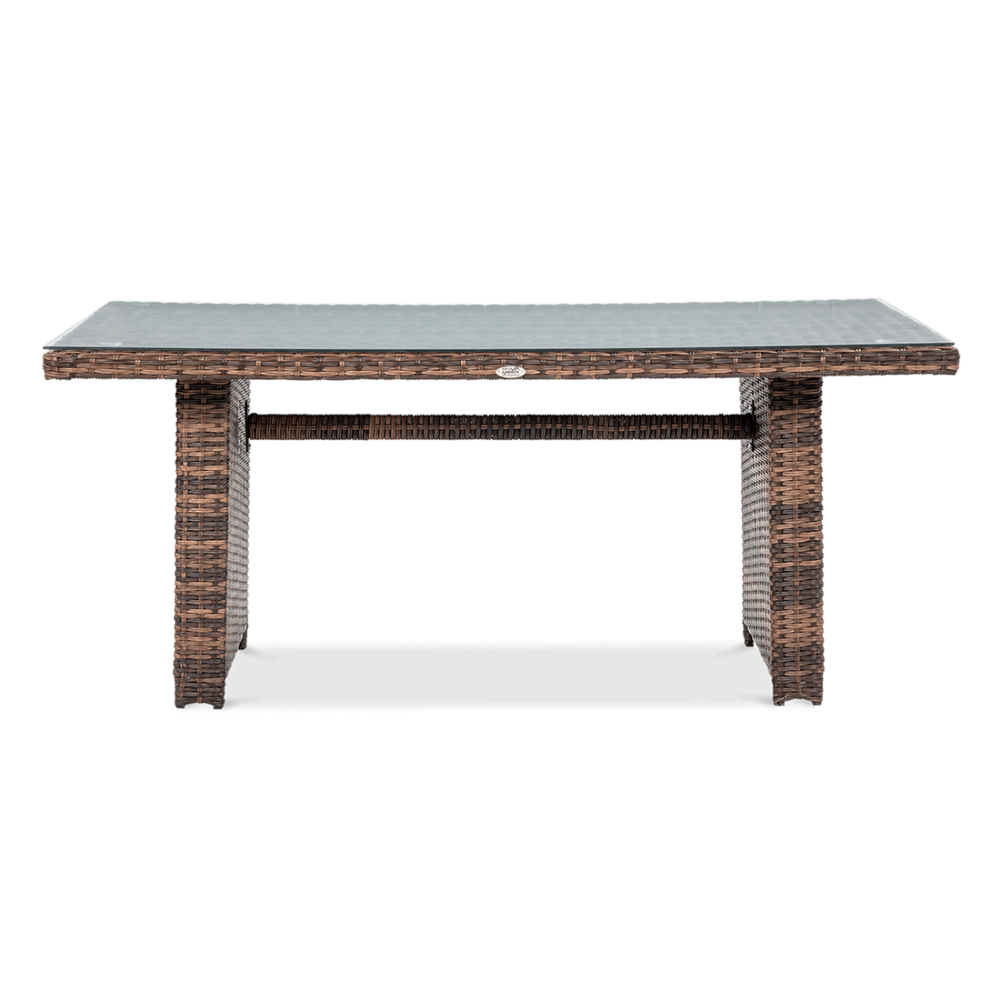 Zbliżenie na stół przykryty hartowanym szkłem zestawu technorattanowego MONIZ DINING PLUS Brown