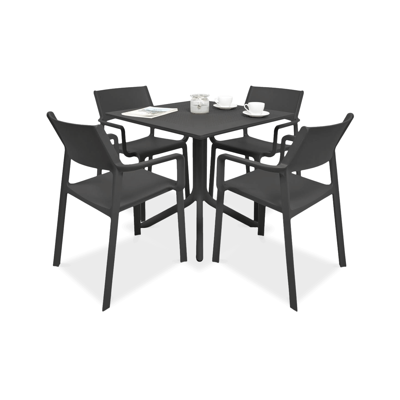 meble jadalniane ogrodowe z czterema czarnymi krzesłami i czarnym stołem