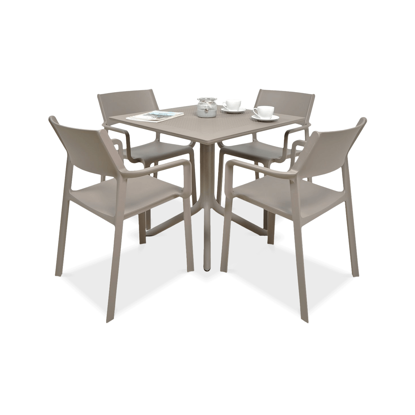 brązowy zestaw mebli jadalnianych z czterema krzesłami i kwadratowym stolikiem