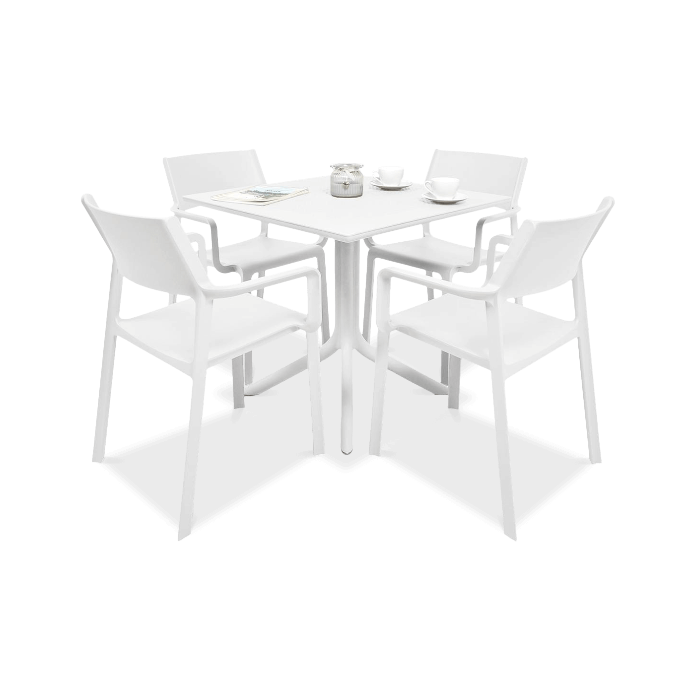 biały zestaw mebli ogrodowych do kawiarni lub na balkon z kwadratowym stołem i krzesłami