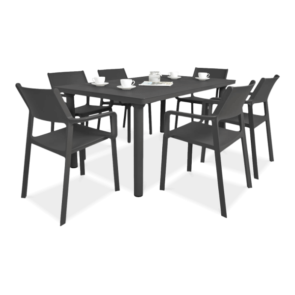 zestaw ogrodowy czarny z sześcioma krzesłami i stołem 
