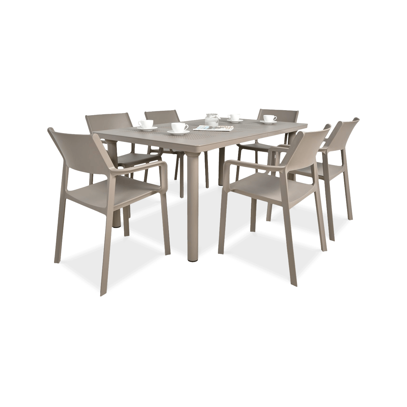 zestaw mebli ogrodowych brązowych z sześcioma krzesłami i stołem