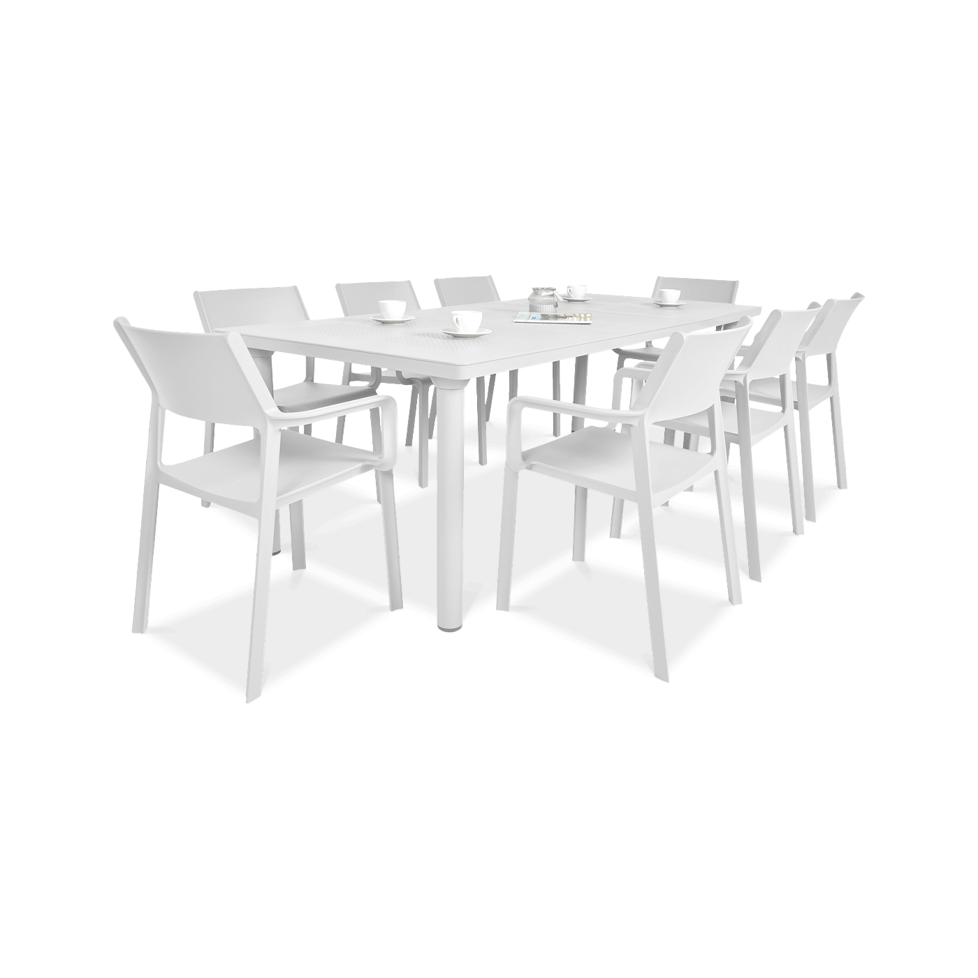 zestaw jadalniany ogrodowy z białymi krzesłami i prostokątnym stołem