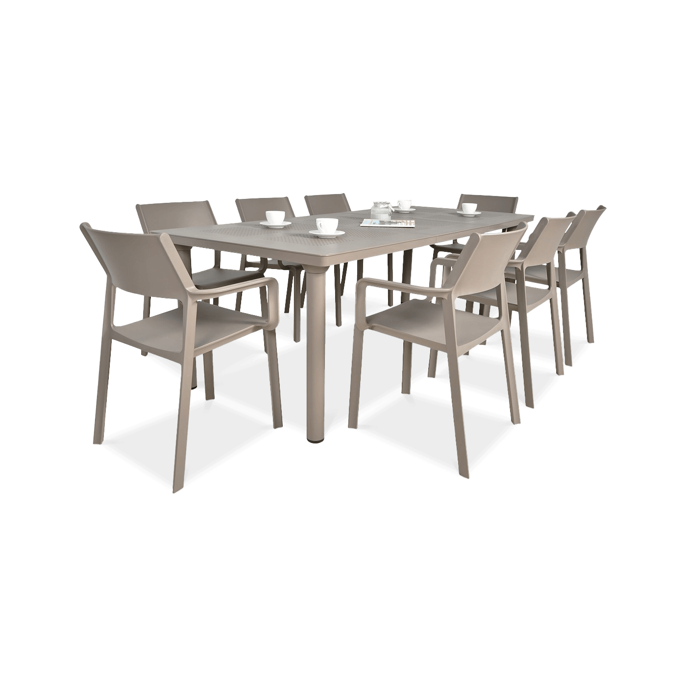 zestaw brązowych mebli jadalnianych na taras z krzesłami i stołem