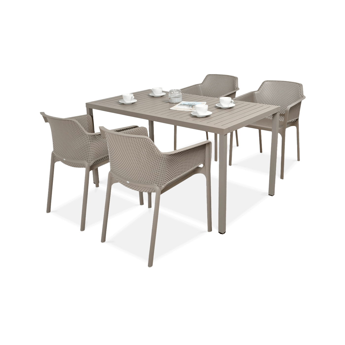 brązowy zestaw kawowy na taras lub do ogrodu z czterema krzesłami i prostokątnym stołem