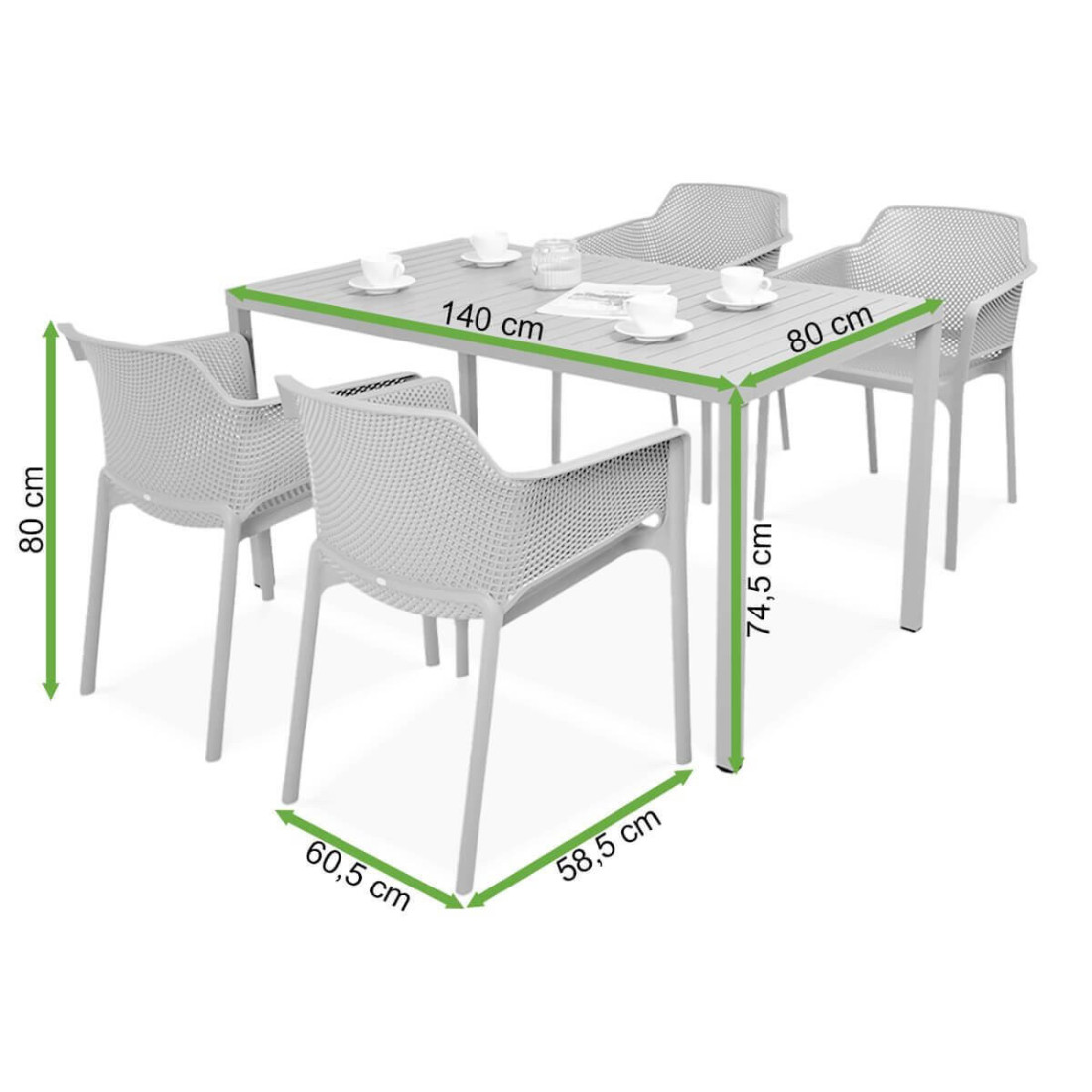 Wymiary kompletu ogrodowego Nardi Net/Cube 4+1 