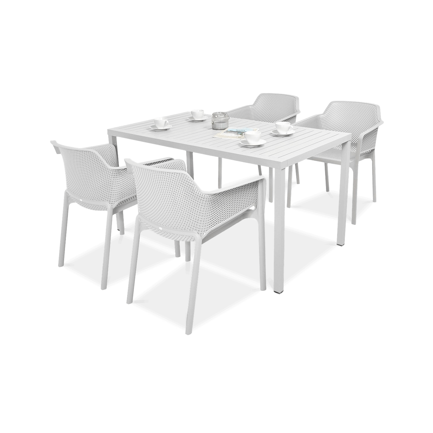 komplet ogrodowy z białymi krzesłami i stołem