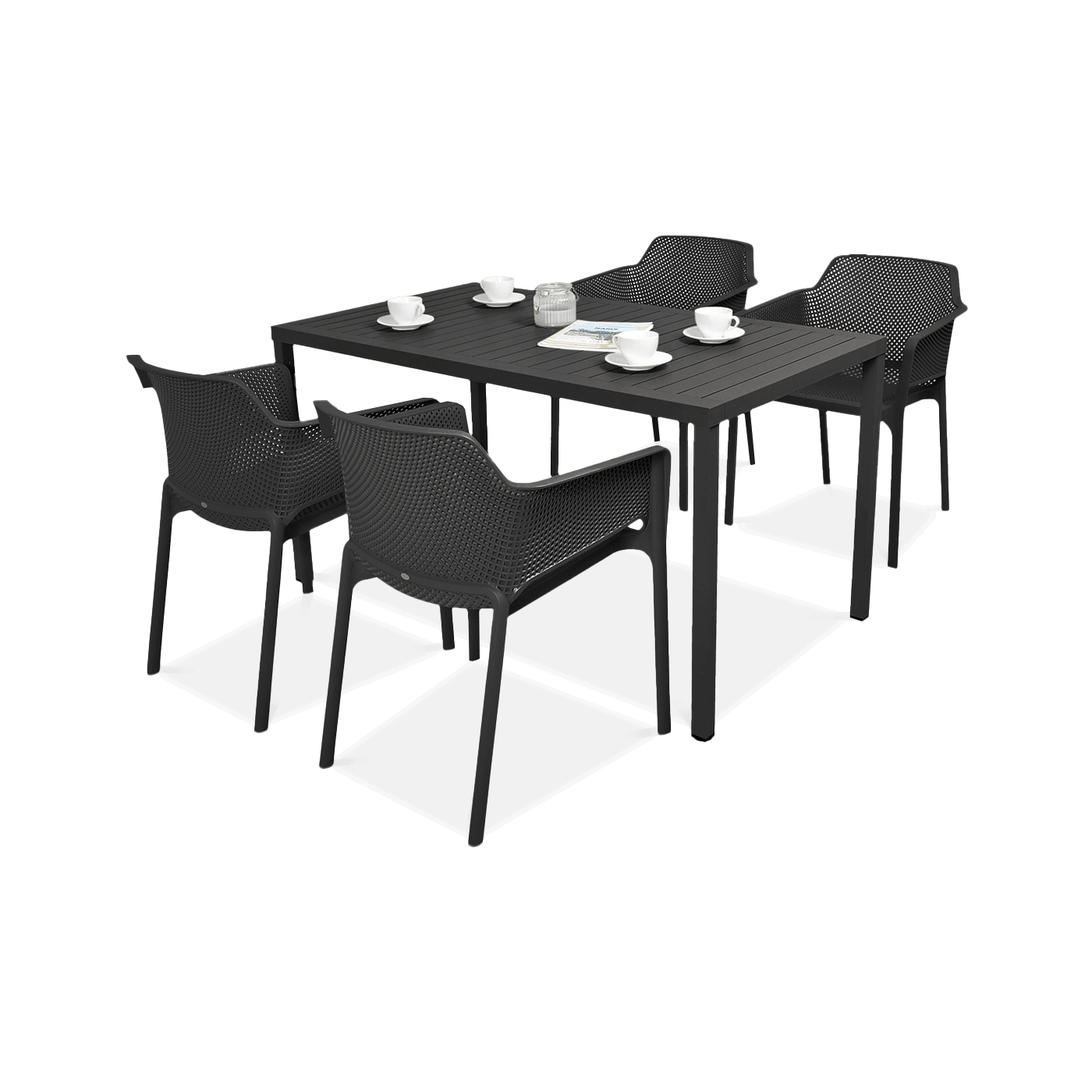 komplet czarnych krzeseł i stołu, przeznaczony do ogrodu lub na taras