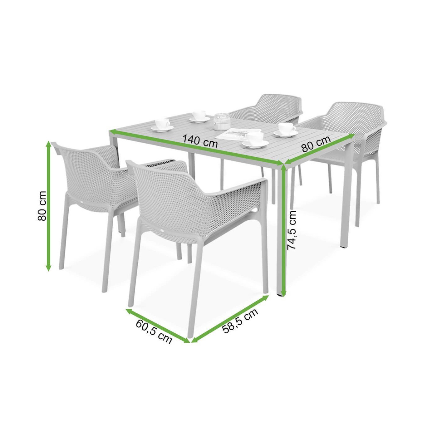 Wymiary zestawu mebli ogrodowych Nardi Net/Cube 4+1