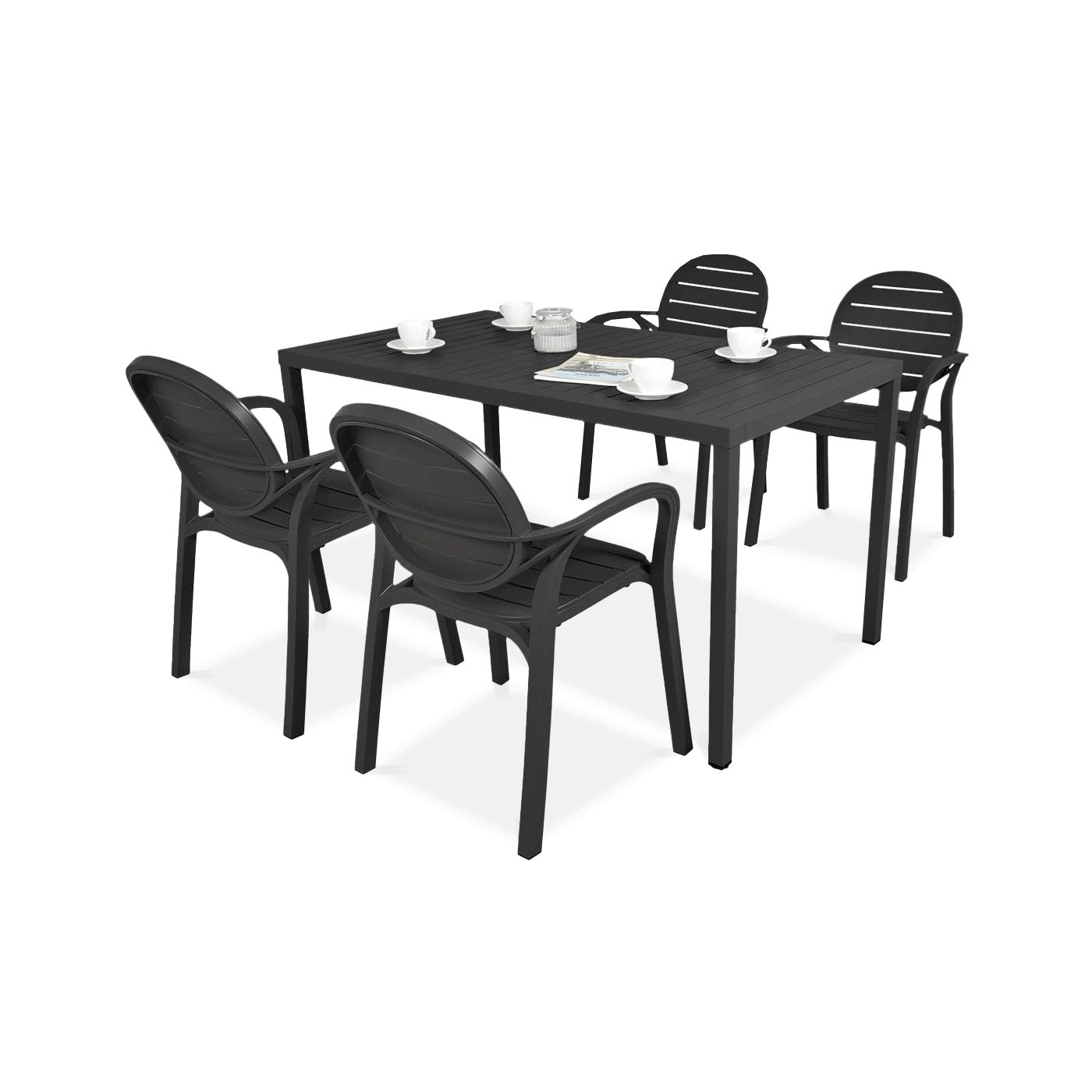 czarny komplet mebli ogrodowych z czterema krzesłami i prostokątnym stołem