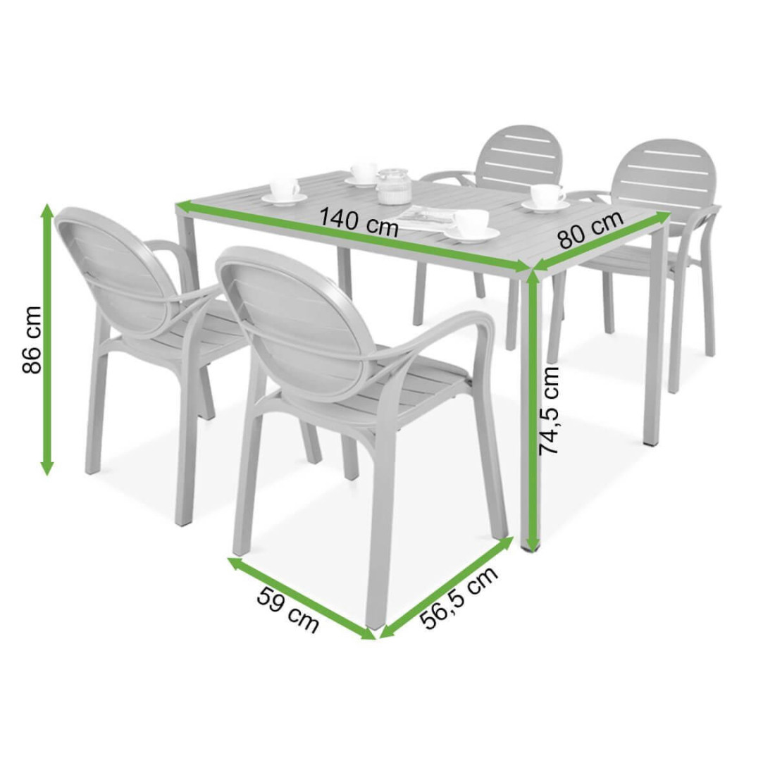 Wymiary kompletu ogrodowego Nardi Palma/Cube, 4 krzesła i stół 140 cm 
